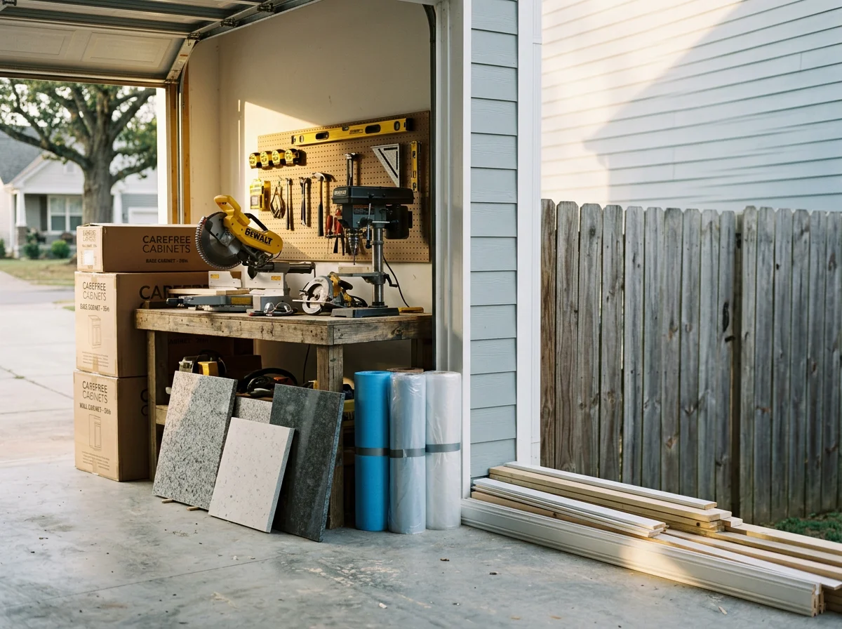 Construction crew tools and materials on a residential job site, ready for kitchen or bathroom remodeling work.