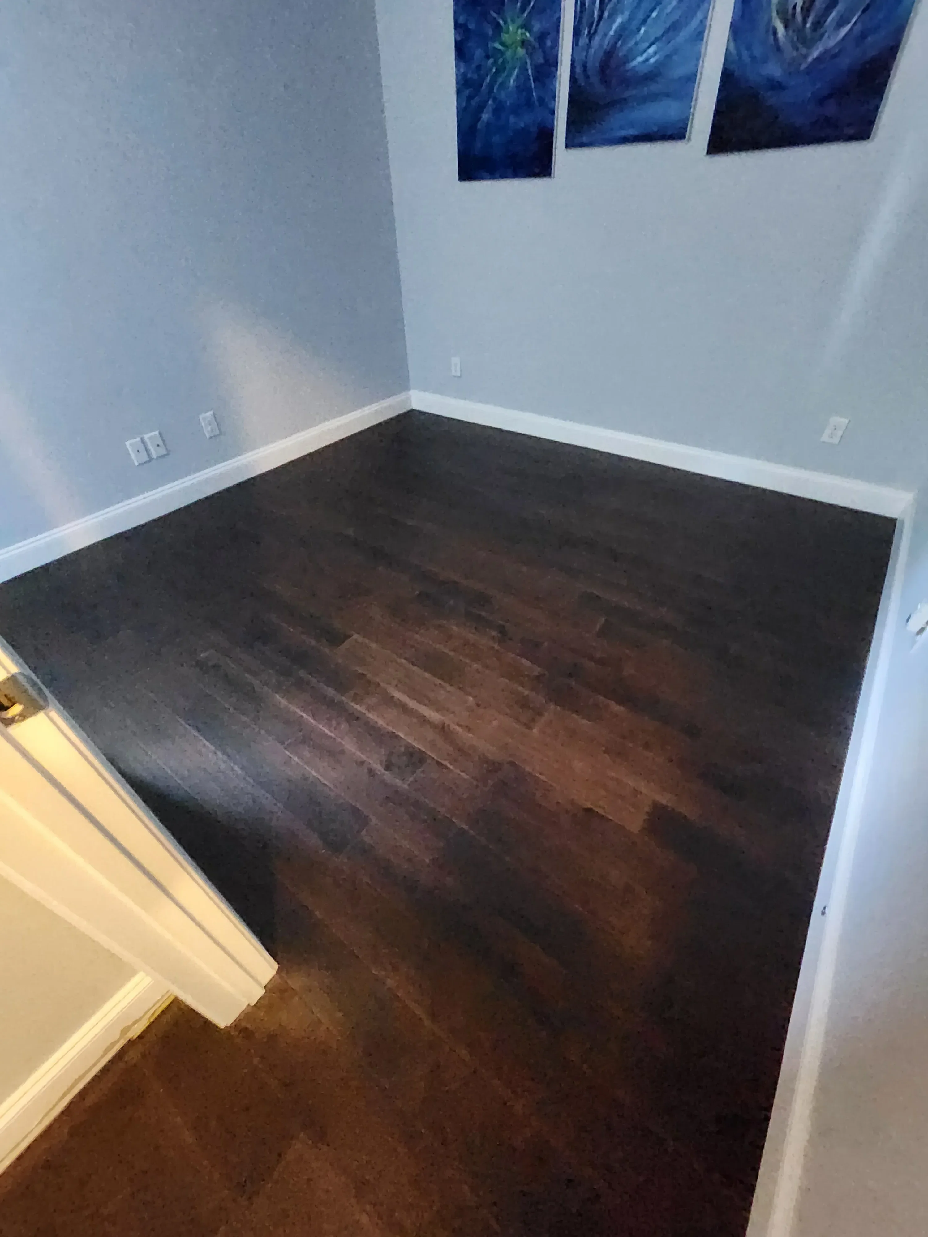 Dark wood herringbone plank flooring with white trim and drywall in kitchen space