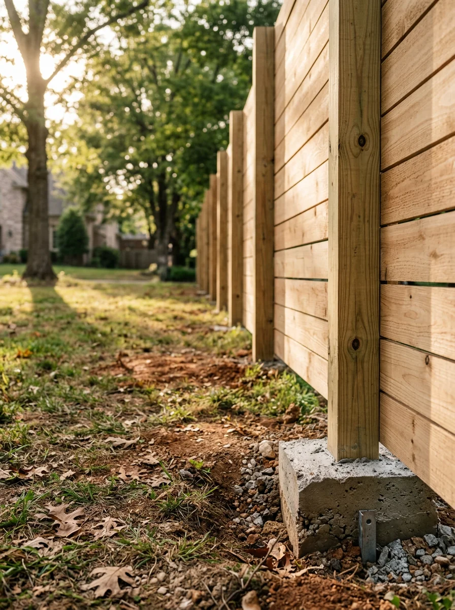 A privacy fence installed along the perimeter of a large Brentwood lot, with posts set in concrete to resist Middle Tennessee's seasonal soil movement.