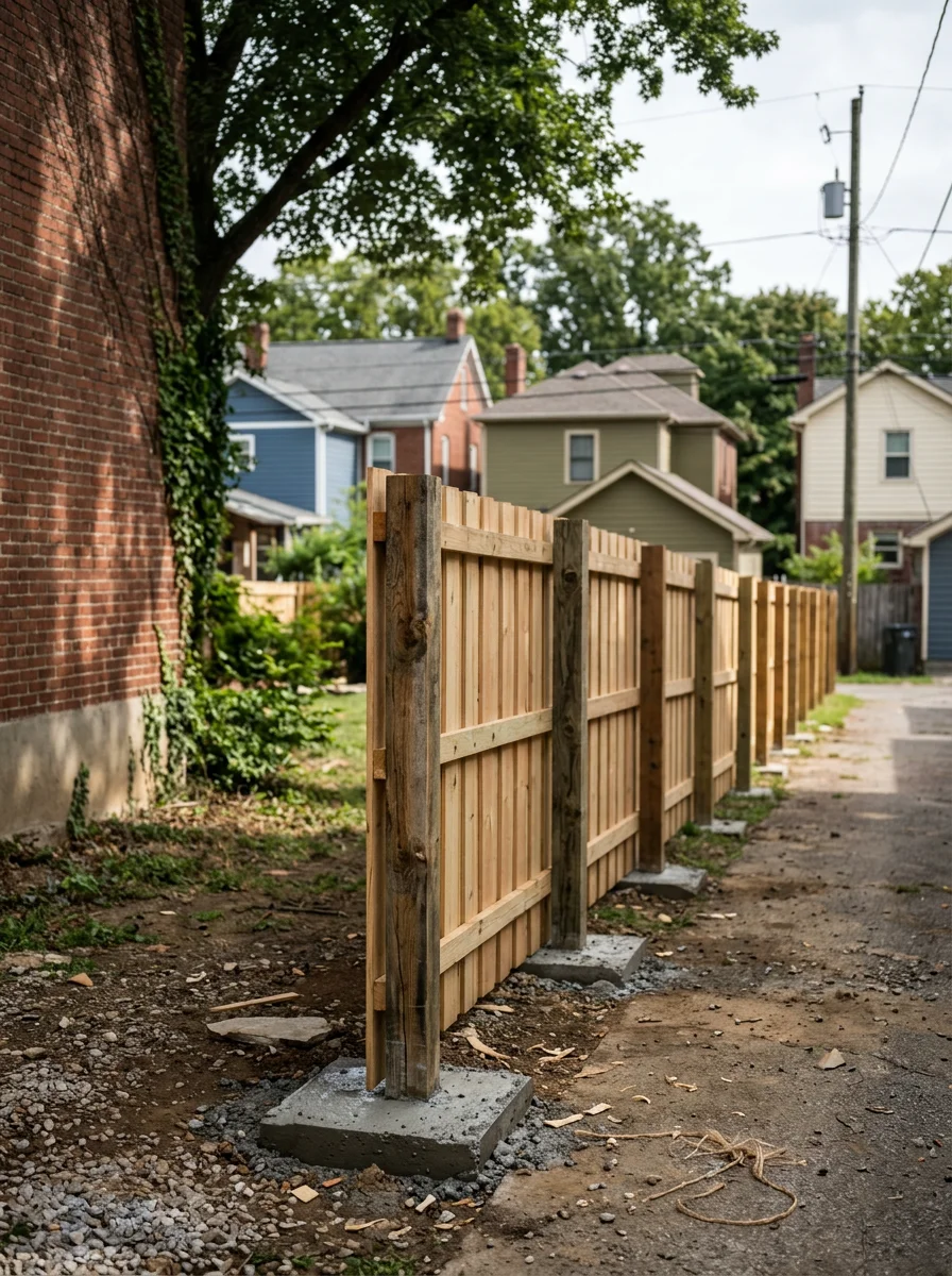 A wood privacy fence installed along a narrow East Nashville lot line, with posts set in concrete on a close urban property.
