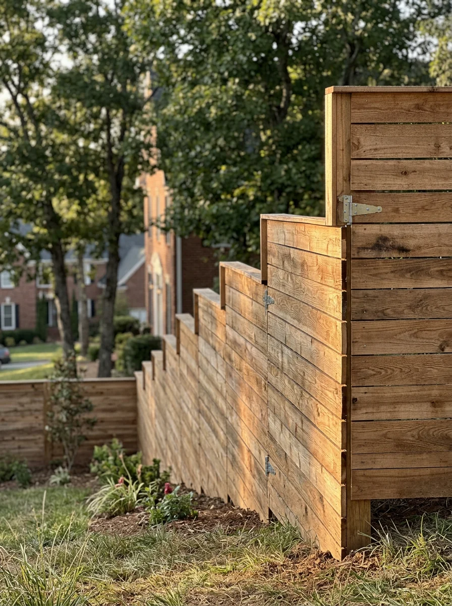 A stepped wood privacy fence installed on a sloped Franklin residential lot, with each panel kept level as the fence line follows the grade downhill.