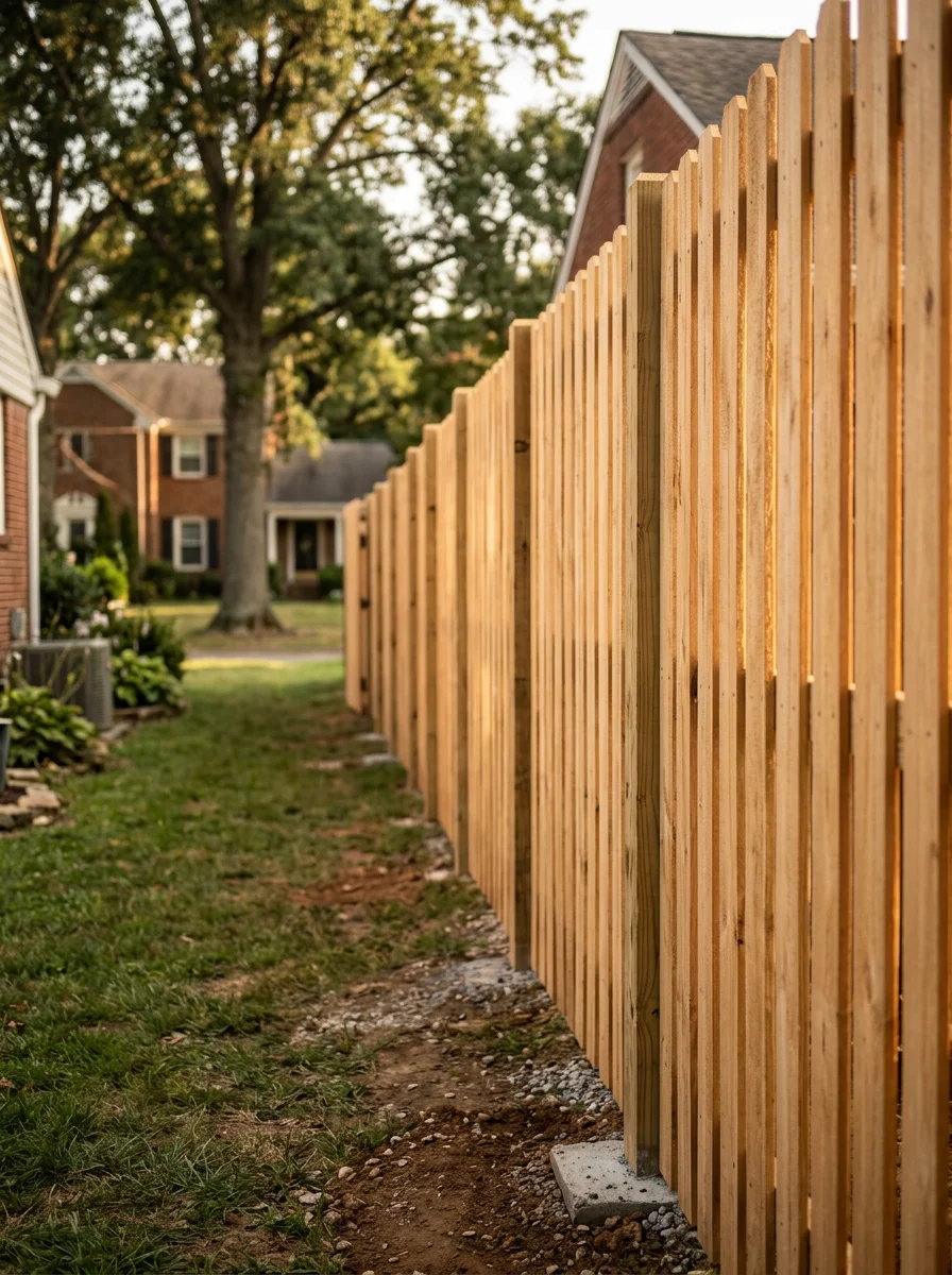 A wood privacy fence freshly installed in a Nashville backyard, with concrete footings set to account for the area's clay soil conditions.