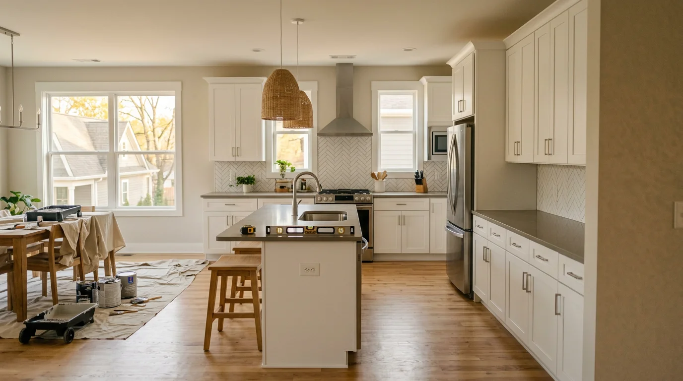 A newly remodeled kitchen inside a Nashville single-family home, with updated cabinetry and countertops replacing a dated 1980s layout.