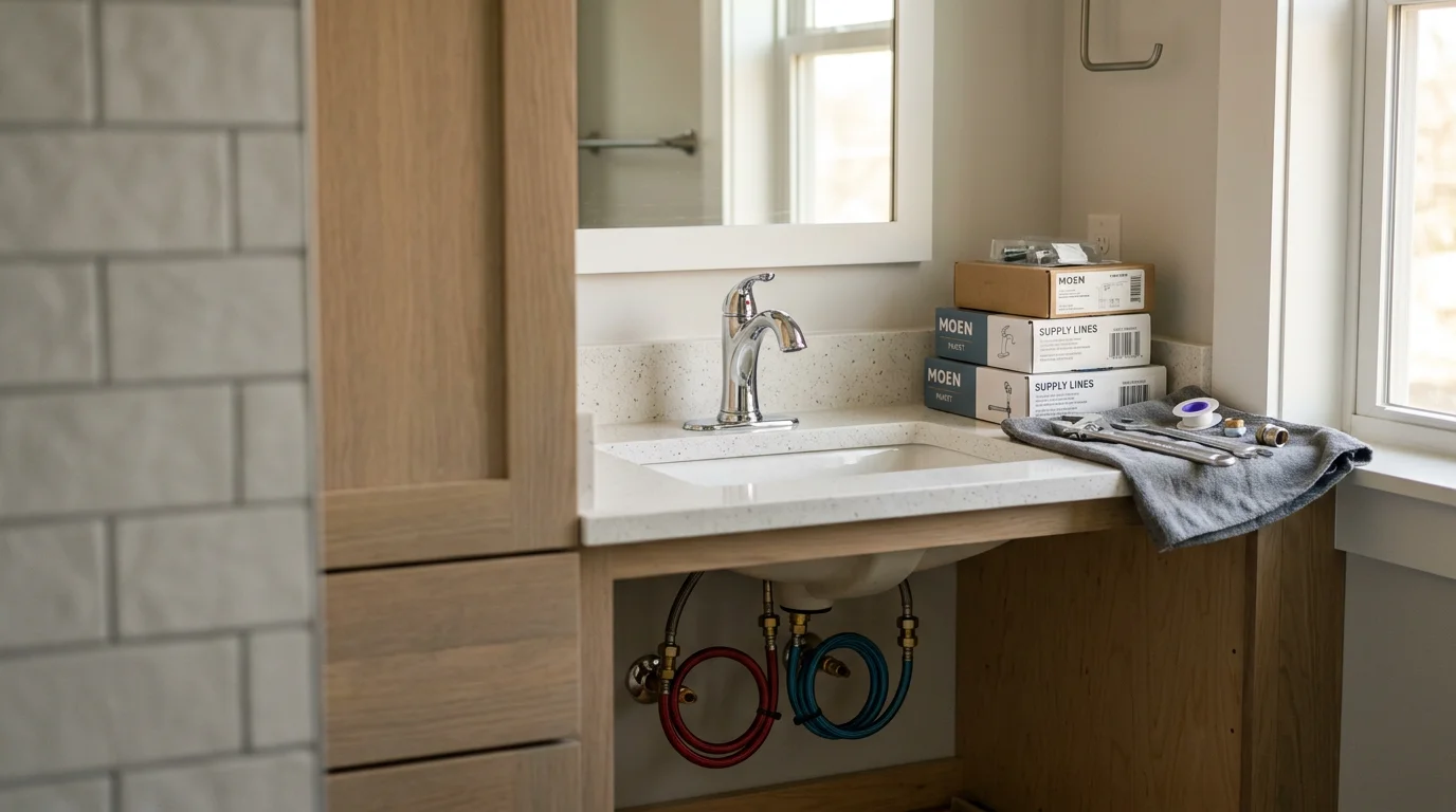 A newly installed bathroom faucet and sink in a Nashville home, with clean supply line connections visible beneath the basin. The surrounding vanity surface is dry and undamaged, showing a finished fixture installation.