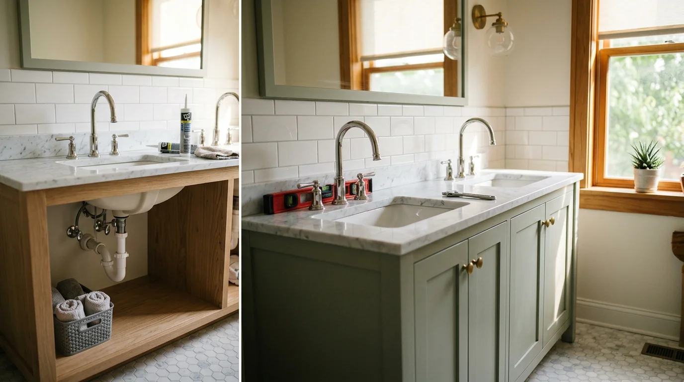 A newly installed bathroom vanity with a sink and cabinet in a Nashville home, showing clean plumbing connections and a level fit against the wall.