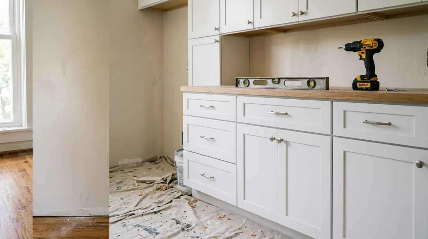 Newly installed kitchen cabinets in a Nashville home, showing base and upper cabinet runs with aligned doors and hardware. The kitchen features a clean layout suited to an open-concept floor plan common in Nashville remodels.