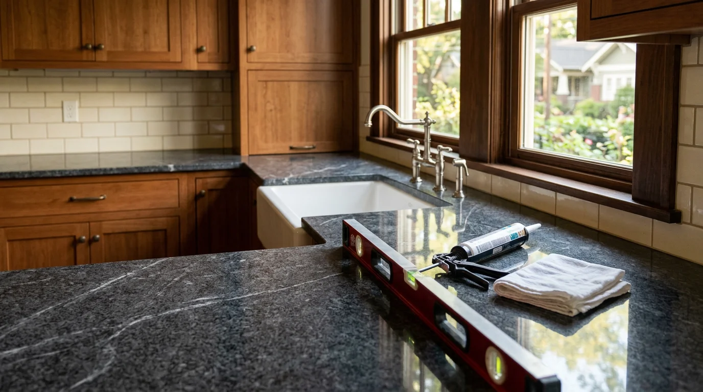 Newly installed kitchen countertop in a Nashville home, showing a clean surface fit against painted cabinets with an undermount sink cutout. The kitchen reflects a mid-size residential layout typical of Nashville remodeling projects.