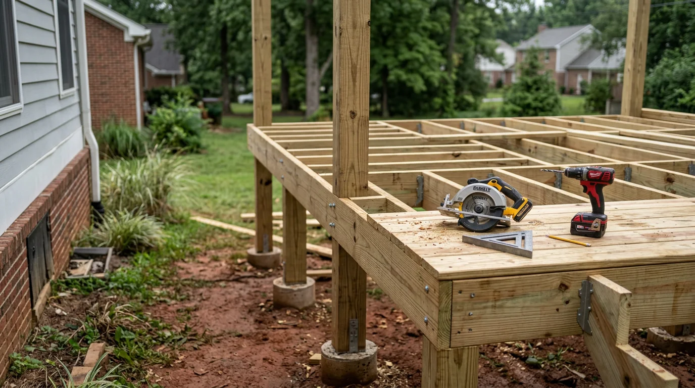 A newly constructed wood deck attached to the back of a residential home in Nashville, Tennessee. The deck shows clean framing, level decking boards, and open yard space in a Middle Tennessee backyard setting.