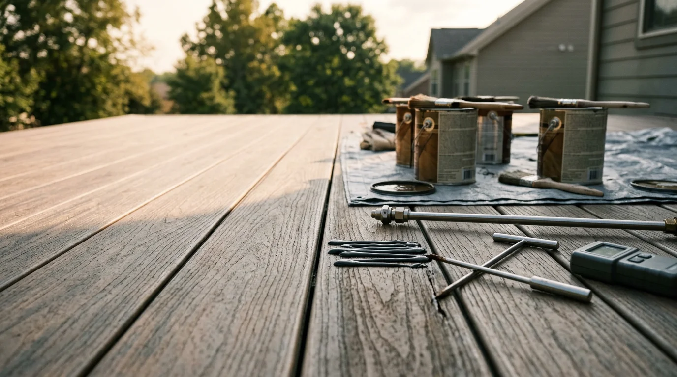 A clean, well-maintained wood deck on a Nashville residential home with clear board surfaces and secure railings. Deck maintenance work completed by Barnes Talero Construction showing a structurally sound outdoor space ready for use.