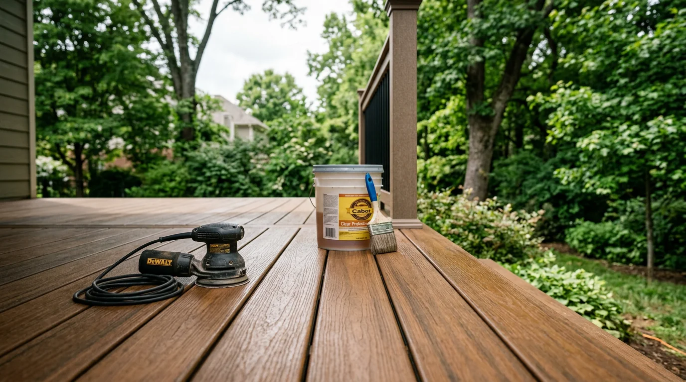 A freshly refinished wood deck in Nashville with an even, clean surface showing restored color and no visible graying or splintering. The deck is photographed in a residential backyard setting under natural daylight.