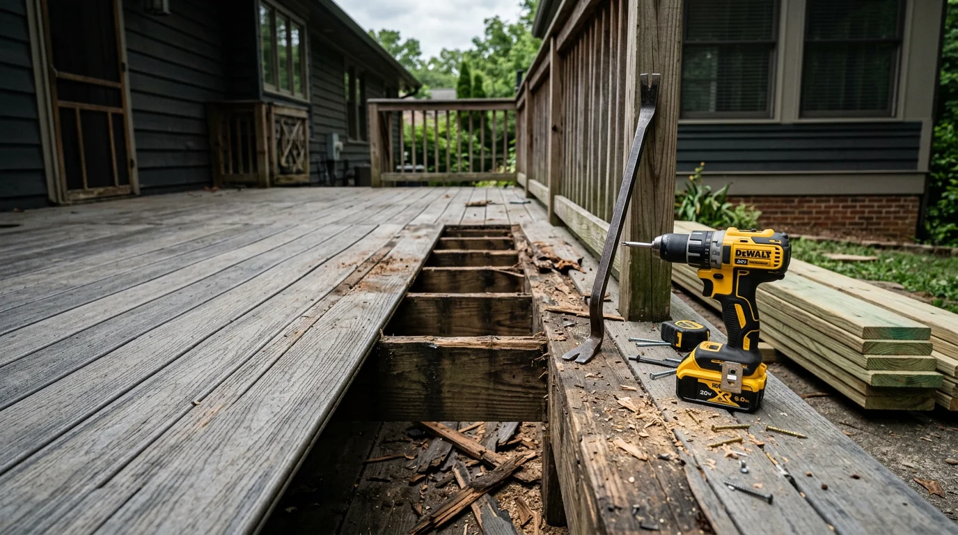 A Nashville residential deck with freshly replaced boards and secured railings, showing repaired sections alongside the existing structure. Close-up view of new decking boards flush with the repaired frame on a backyard deck.