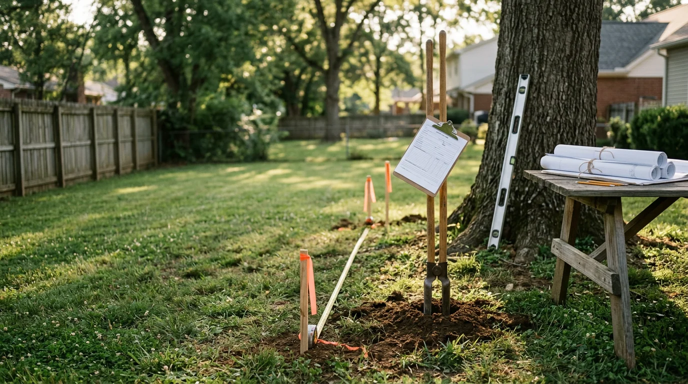 A Barnes Talero Construction fence contractor reviewing a Nashville residential property layout with a homeowner during an outdoor fence consultation. The yard shows an open lot line where a new fence is being planned.