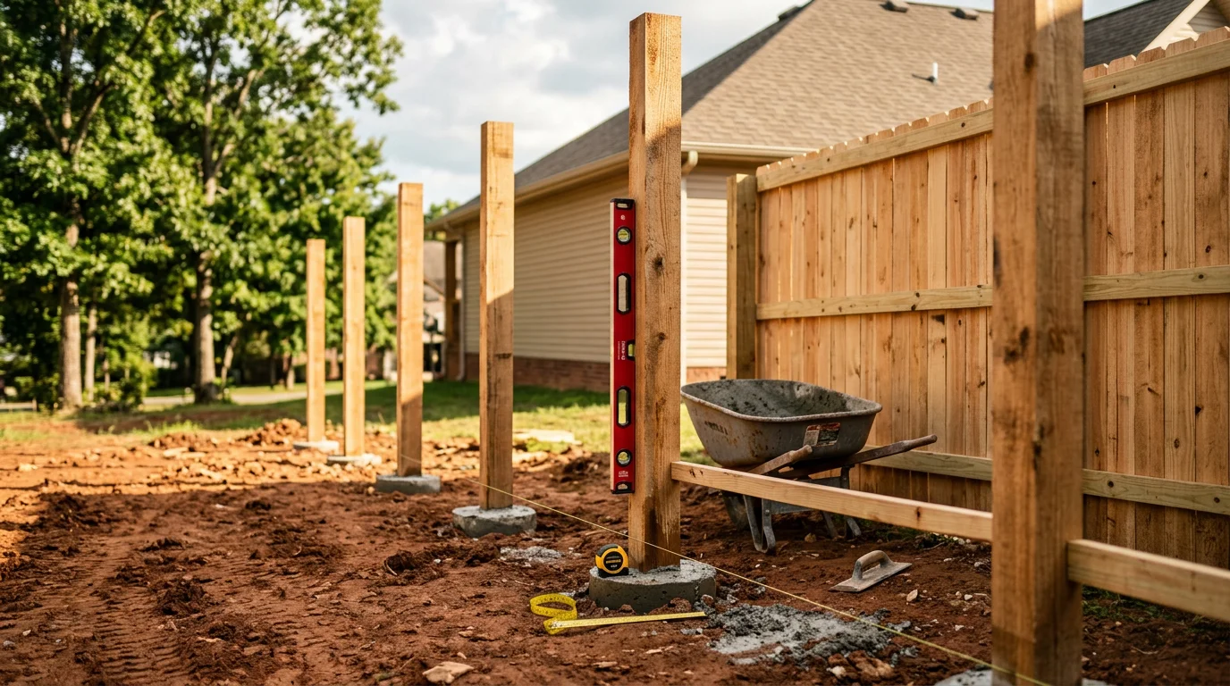 A newly installed wood privacy fence along the rear yard of a residential property in Nashville, Tennessee. The fence panels are evenly spaced with finished posts and a clean top rail, with a residential home visible in the background.