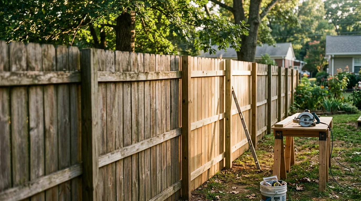 A repaired wooden fence in a Nashville backyard with a replaced post and new boards matching the existing fence line. A closed gate with a secure latch is visible at the edge of the yard.