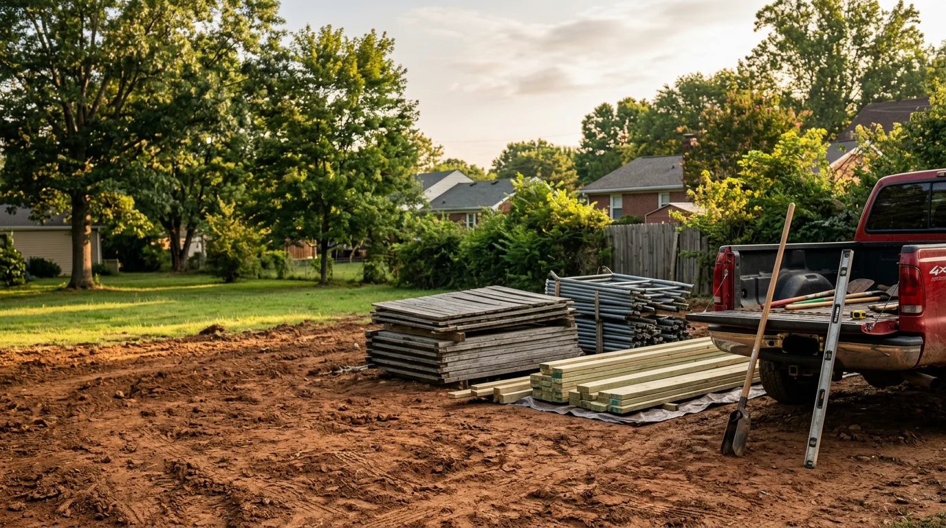 A newly replaced privacy fence installed along the backyard of a Nashville home, with clean posts and uniform panels replacing a previously damaged structure. The finished fence runs along a residential property line in a Nashville neighborhood.