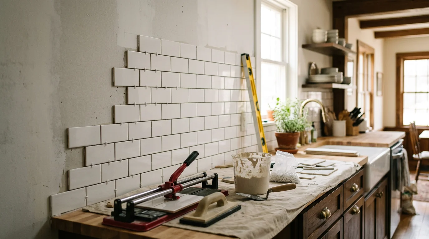 Freshly installed tile kitchen backsplash behind a range in a Nashville home, showing straight grout lines and clean edges where the tile meets the countertop. The backsplash runs the full width of the cooking area with consistent spacing throughout.
