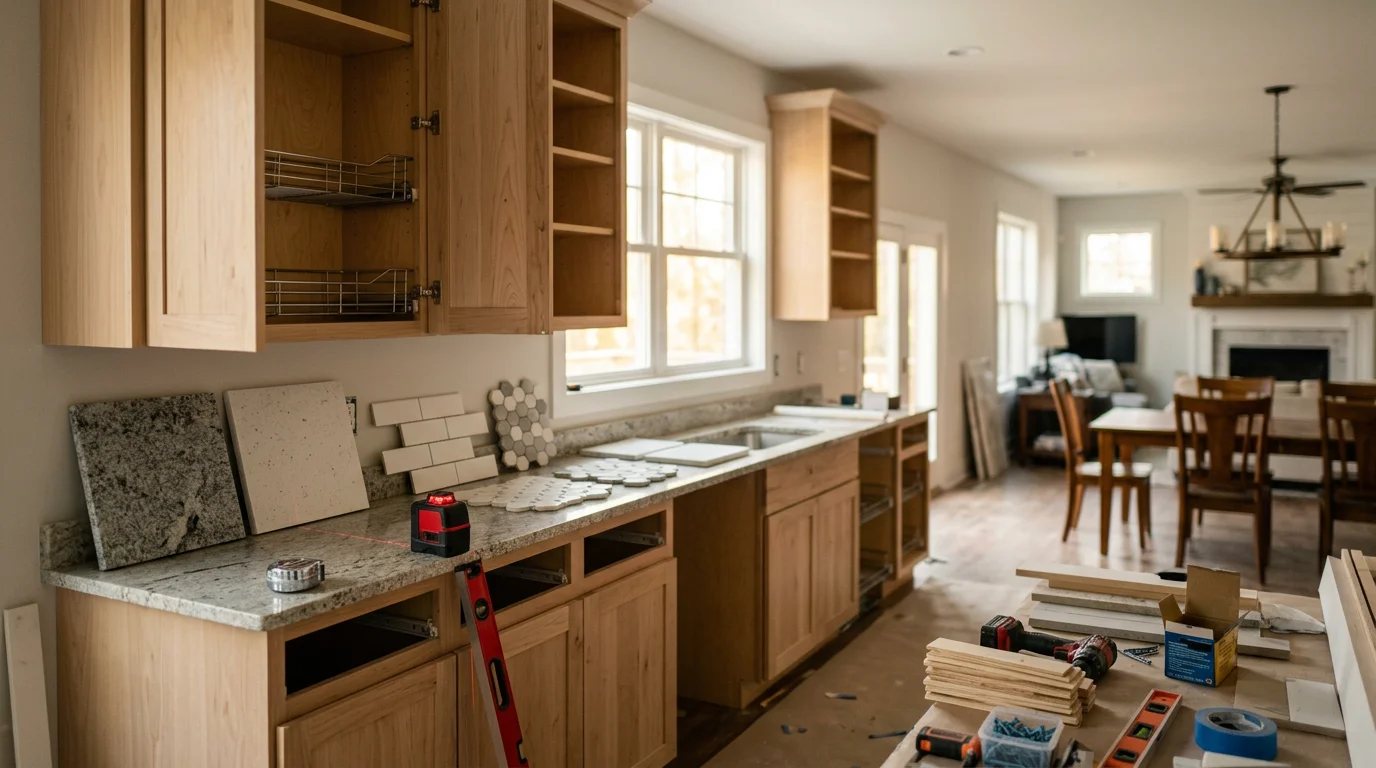 A remodeled kitchen interior in a Nashville home showing an updated open layout with refreshed flooring and improved lighting. The space connects visually to an adjacent living area, reflecting a common layout pattern in Nashville residential construction.