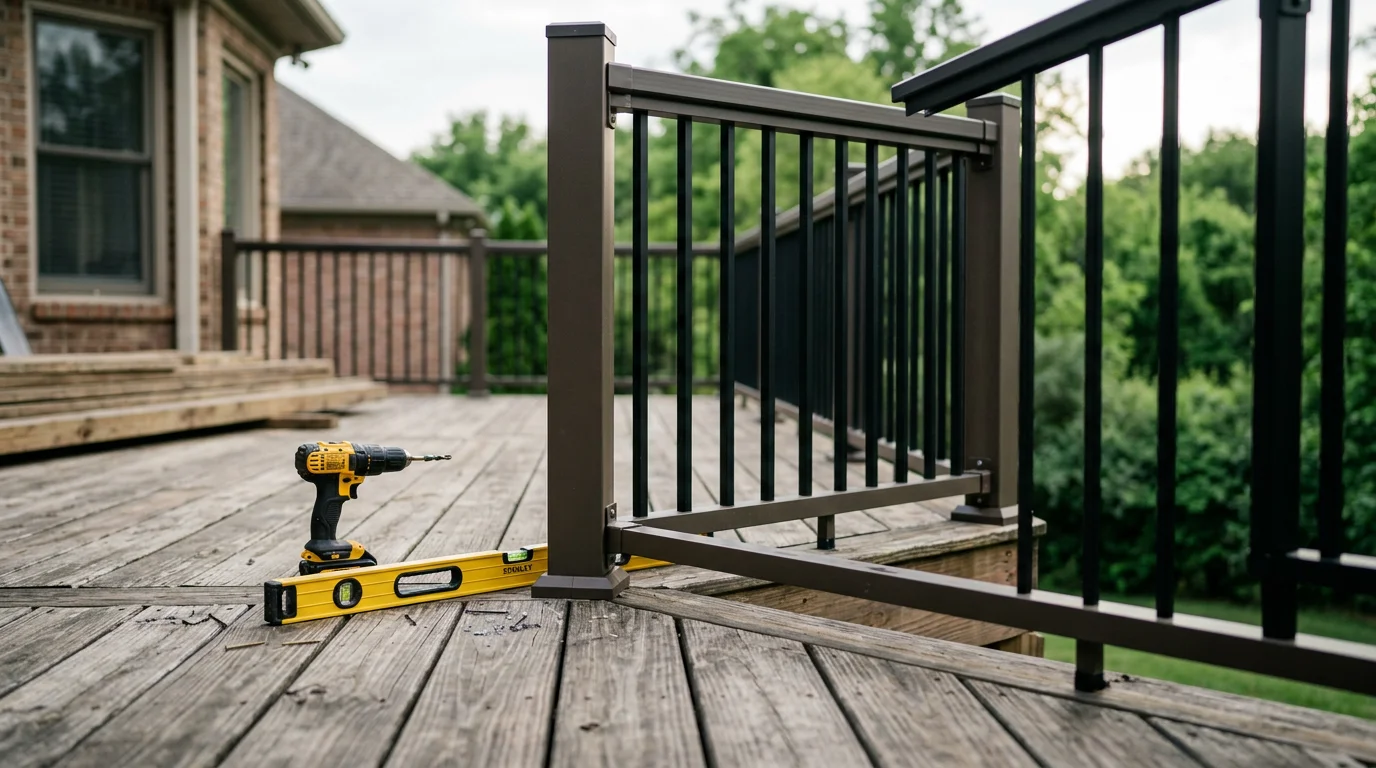 Newly installed deck railing on a residential home in Nashville, Tennessee, with secure posts and clean balusters framing the outdoor deck area. The railing runs the full perimeter of the deck and connects to a stair section leading to the backyard.