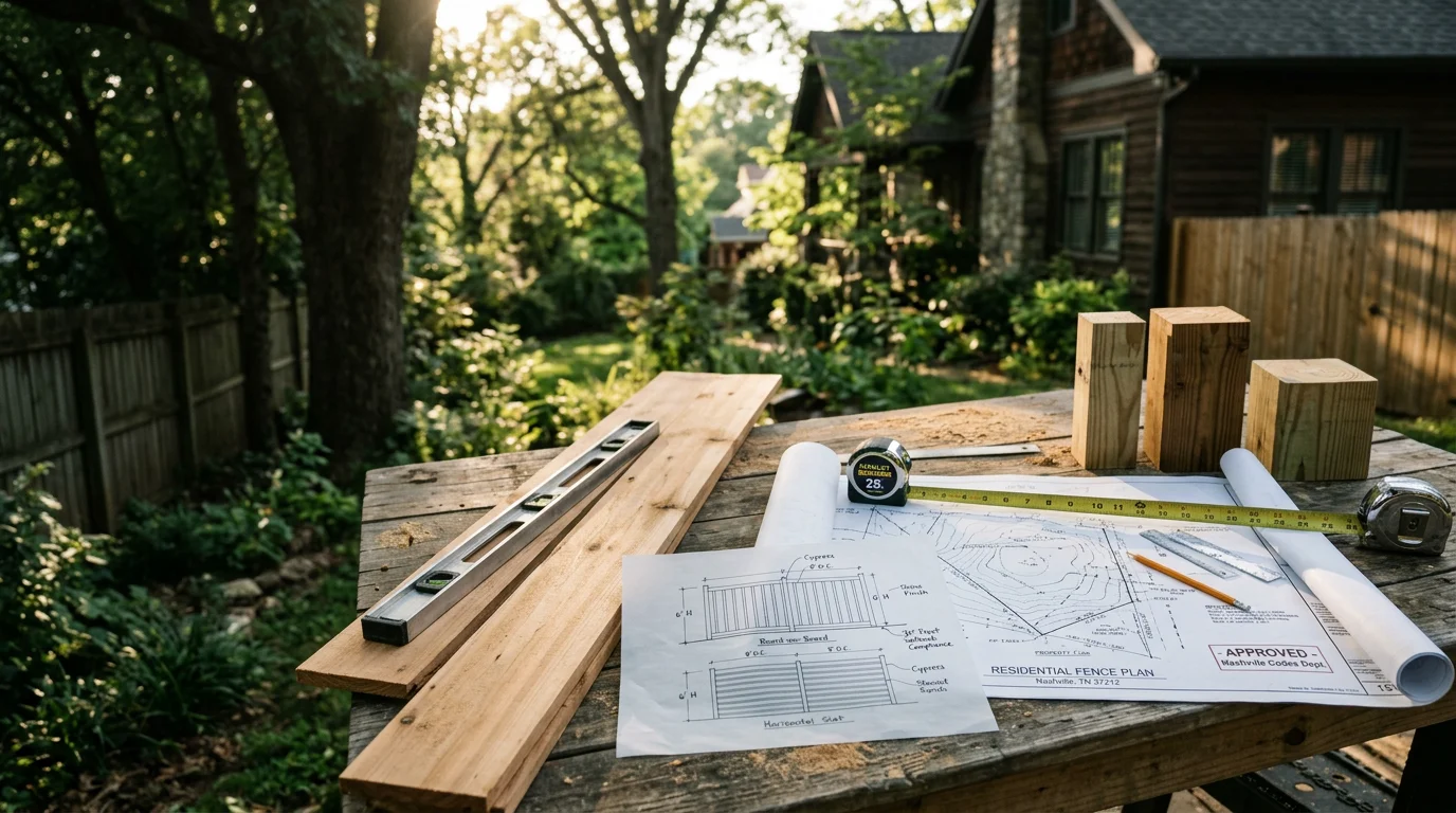 A residential fence design plan laid out for a Nashville home, showing a wood privacy fence along the back yard boundary with a defined gate opening. The fence style suits a mid-century residential lot in a Nashville neighborhood.