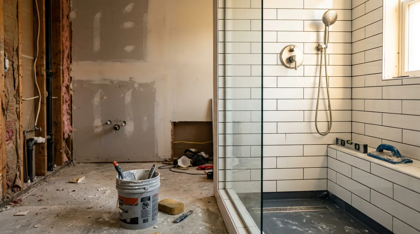 A newly installed walk-in shower in a Nashville home bathroom, showing clean wall surfaces, a low-threshold entry, and a finished drain. The bathroom reflects a typical mid-century Nashville home layout with updated fixtures.